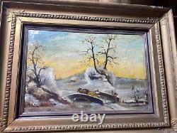 Grand paysage d'hiver antique avec scène de figures, peinture à l'huile signée et encadrée.
