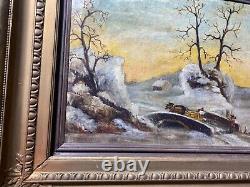 Grand paysage d'hiver antique avec scène de figures, peinture à l'huile signée et encadrée.