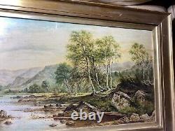 Grand paysage de rivière antique avec scène de montagne, peinture à l'huile signée / encadrée