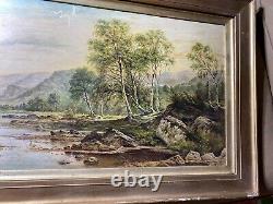 Grand paysage de rivière antique avec scène de montagne, peinture à l'huile signée / encadrée