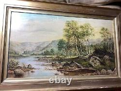 Grand paysage de rivière antique avec scène de montagne, peinture à l'huile signée / encadrée