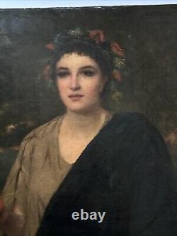 Grand portrait antique du maître de femme du XIXe siècle, pommes, paysage lumineux 46