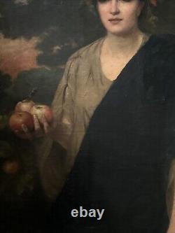 Grand portrait antique du maître de femme du XIXe siècle, pommes, paysage lumineux 46