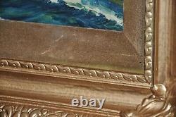 Grand spectaculaire antique original bataille de paysage marin à l'huile sur toile posée sur planche