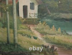 Grand tableau à l'huile antique Paysage de rivière, forêt, maison