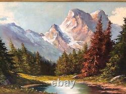 Grand tableau à l'huile encadré ancien signé Ch. Knab France Nature Montagne