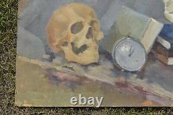 Grand tableau ancien à l'huile Crâne Vanitas MEMENTO MORI art réalisme victorien vintage