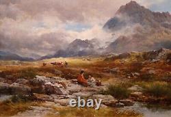 Grand tableau ancien à l'huile du 19ème siècle représentant un paysage de montagne galloise dans le Snowdonia