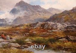 Grand tableau ancien à l'huile du 19ème siècle représentant un paysage de montagne galloise dans le Snowdonia