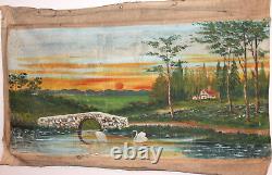 Grand tableau ancien à l'huile paysage lac cygnes