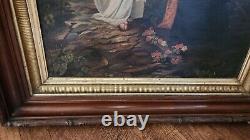 Grand tableau ancien à l'huile sur toile Jésus Religieux Cadre Victoria avec bordure dorée