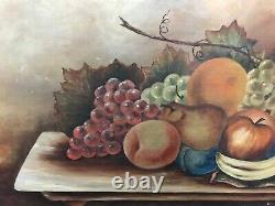 Grand tableau ancien d'art populaire américain de nature morte de fruits à l'huile sur toile