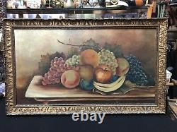 Grand tableau ancien d'art populaire américain de nature morte de fruits à l'huile sur toile