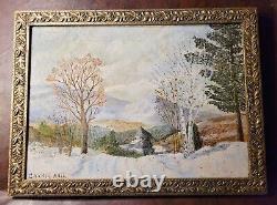 Grand tableau ancien d'hiver en paysage, peint à l'huile et signé, encadré dans un cadre doré orné, de style vintage