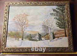 Grand tableau ancien d'hiver en paysage, peint à l'huile et signé, encadré dans un cadre doré orné, de style vintage