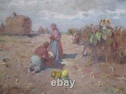Grand tableau impressionniste antique de paysage de ferme ancienne avec des ouvriers de l'ère WPA