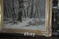 Grande Peinture À L'huile De Forêt De Neige D'antique Puissante