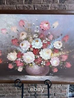 Grande Peinture À L'huile Vintage Sur Toile Fleurs Bouquet Floraux Dans Vase Signé