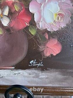 Grande Peinture À L'huile Vintage Sur Toile Fleurs Bouquet Floraux Dans Vase Signé