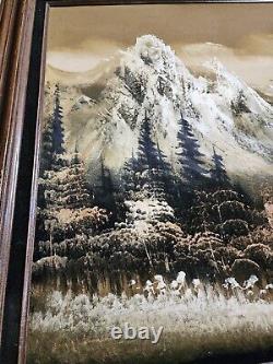Grande cabane de montagne - Peinture à l'huile encadrée sur velours antique