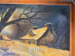 Grande maison ancienne et paysage enneigé dans une scène de peinture à l'huile signée/encadrée