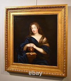 Grande peinture Portrait antique de dame Mignard XVIIe siècle Huile sur toile France