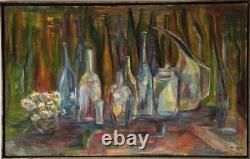 Grande peinture à l'huile abstraite ancienne du milieu du siècle moderne, vintage, nature morte 61