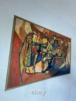 Grande peinture à l'huile abstraite cubiste moderne du milieu du siècle ancien vintage Cubism