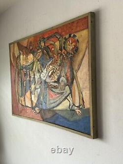 Grande peinture à l'huile abstraite cubiste moderne du milieu du siècle ancien vintage Cubism