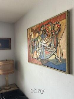 Grande peinture à l'huile abstraite cubiste moderne du milieu du siècle ancien vintage Cubism