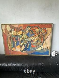 Grande peinture à l'huile abstraite cubiste moderne du milieu du siècle ancien vintage Cubism