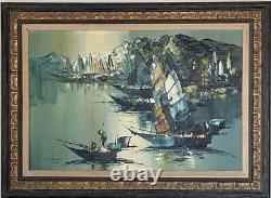 Grande peinture à l'huile abstraite de bateau antique du milieu du siècle moderne, ancienne, asiatique et vintage, 68.