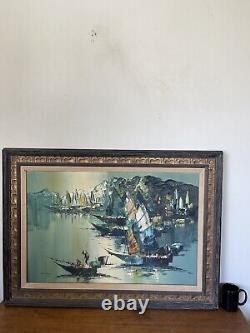 Grande peinture à l'huile abstraite de bateau antique du milieu du siècle moderne, ancienne, asiatique et vintage, 68.