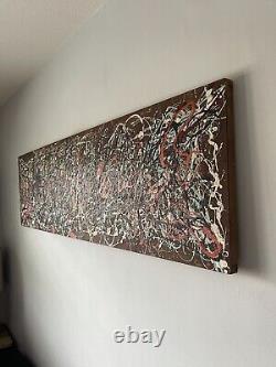 Grande peinture à l'huile abstraite vintage du milieu du siècle de style moderne ancien de Pollock 1959