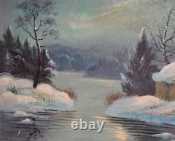 Grande peinture à l'huile ancienne Paysage d'hiver avec rivière Cabanes Signée