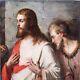 Grande Peinture à L'huile Ancienne Du 19e Siècle Représentant Jésus-christ Et St Thomas De Style Préraphaélite.