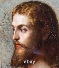 Grande peinture à l'huile ancienne du 19e siècle représentant Jésus-Christ et St Thomas de style préraphaélite.
