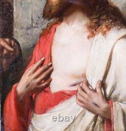Grande peinture à l'huile ancienne du 19e siècle représentant Jésus-Christ et St Thomas de style préraphaélite.