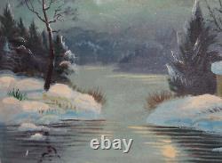 Grande peinture à l'huile ancienne paysage d'hiver de rivière avec cabanes signée