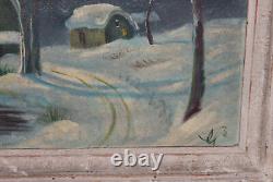 Grande peinture à l'huile ancienne paysage d'hiver de rivière avec cabanes signée