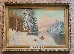Grande peinture à l'huile ancienne paysage d'hiver signée cadre orné