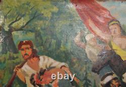 Grande peinture à l'huile antique : Portrait de paysage de forêt impressionniste rebelle