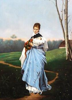 Grande peinture à l'huile antique allemande du 19ème siècle représentant une mère et son bébé, de Von Kaulbach.