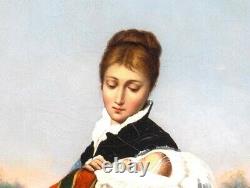 Grande peinture à l'huile antique allemande du 19ème siècle représentant une mère et son bébé, de Von Kaulbach.