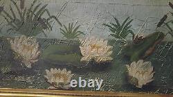 Grande peinture à l'huile antique de Lys et de quenouilles victoriens de 1880