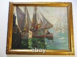 Grande peinture à l'huile antique de la côte de l'ère William WPA, marina nautique de bateaux de port.