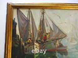 Grande peinture à l'huile antique de la côte de l'ère William WPA, marina nautique de bateaux de port.