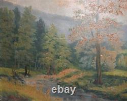 Grande peinture à l'huile antique de paysage de rivière en forêt