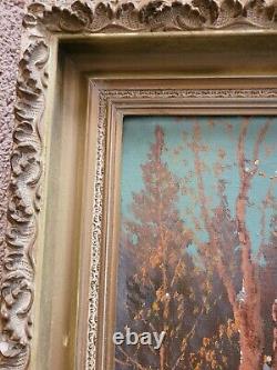 Grande peinture à l'huile antique paysage d'hiver signée cadre orné