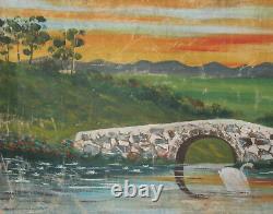 Grande peinture à l'huile antique paysage lac cygnes